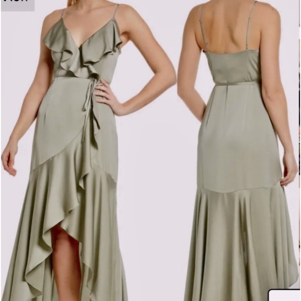 Shona Joy Eucalyptus Green Luxe Ruffle Satin Gown 12 NWOT HAS BEEN DRY CLEANED